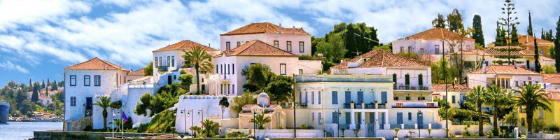 Buildings of Spetses island on Saronic gulf near Athens. Ideal travel destination for quiet vacations . Greece